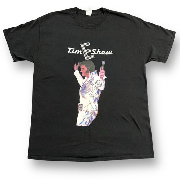 Tim E Show Unisex T Shirt Elvis Theme Graphic Print Black Cotton Signed Large - Picture 1 of 8
